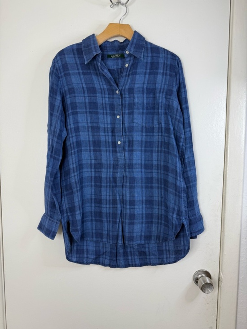 Lauren Ralph Lauren blue plaid linen long sleeve,  pop over shirt shirt M